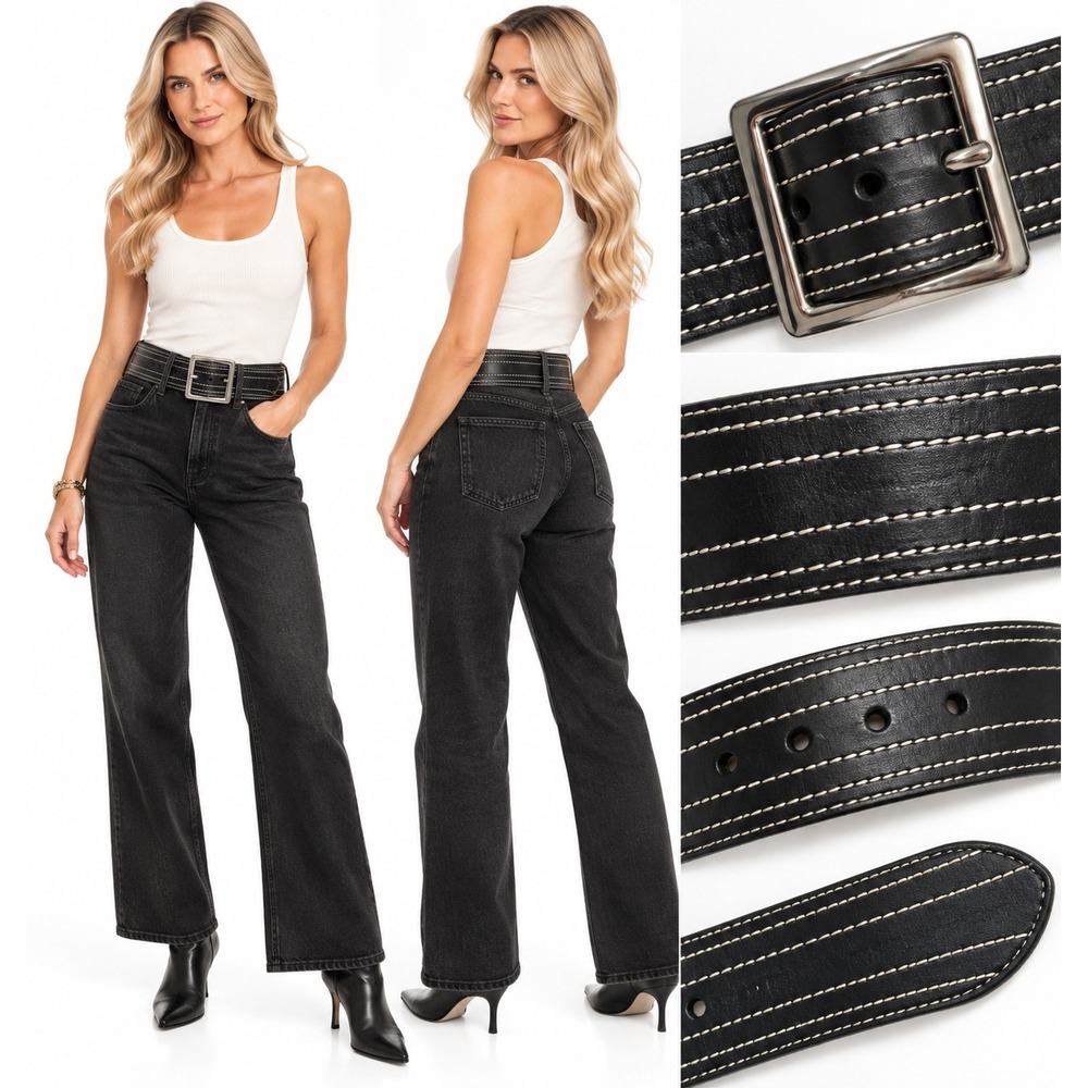 Leatherock 36 Black Leather Wide Belt Contrast Stitch Silver Buckle Western Moto